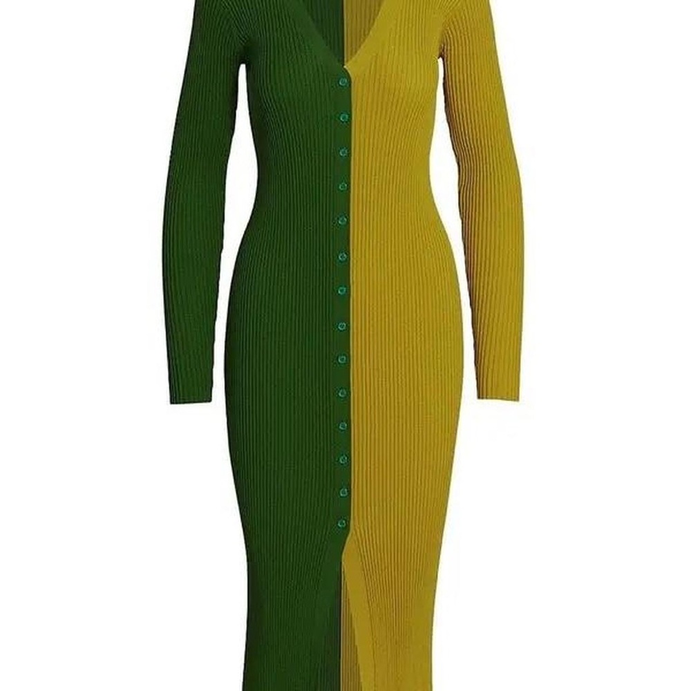 STAUD Green and Yellow Long Sleeve Dress, Women's Shoko Sweater size medium
